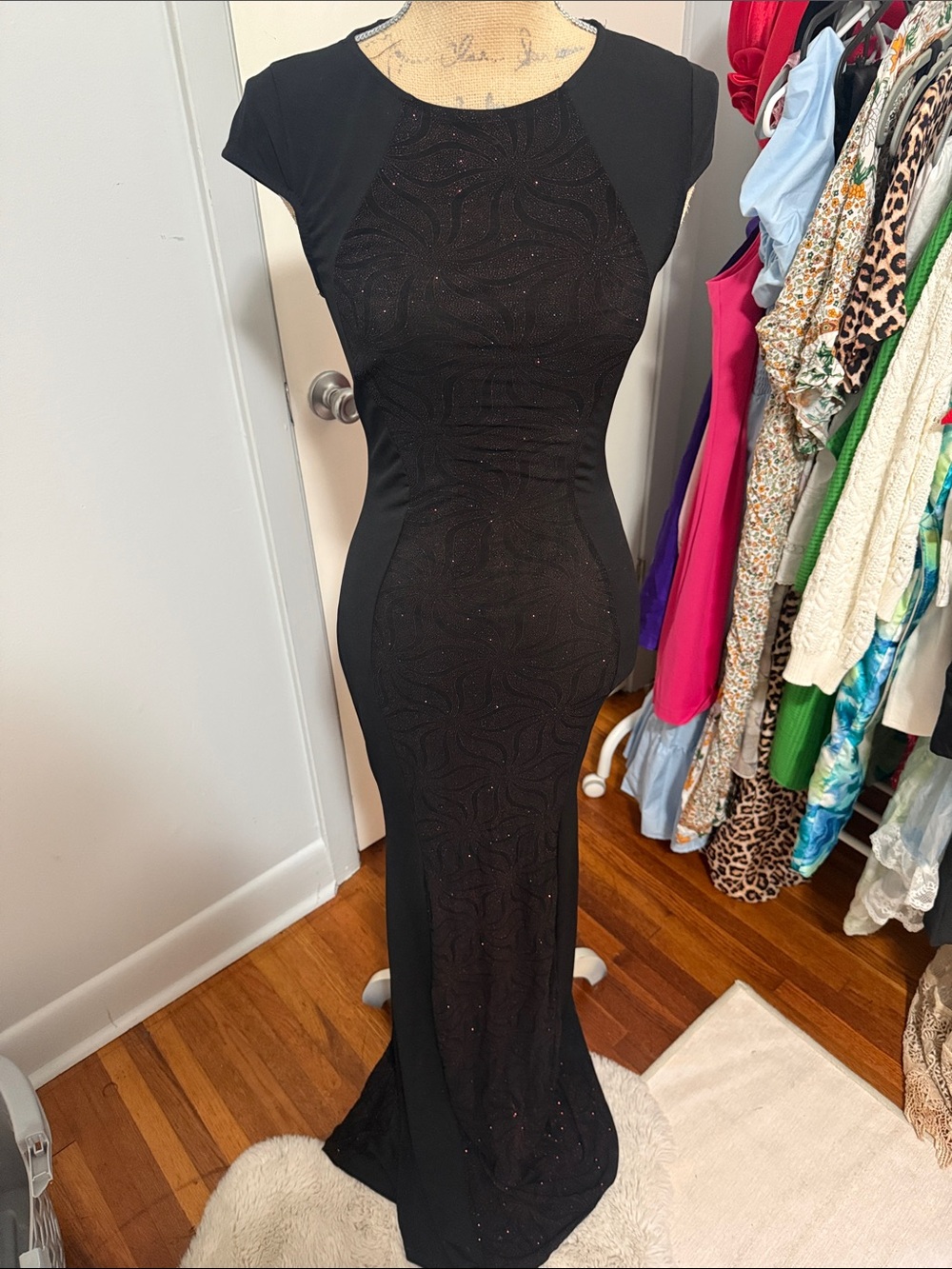 VINTAGE Cameo Black Maxi Evening Gown with Subtle Sparkle